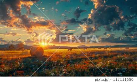 Landscape on a field of mown grass with hay bales, agricultural work and respect for work, Earth Hour concept and idea of the importance of agriculture in the economy and ecosystems, Labor Day poster 113111580