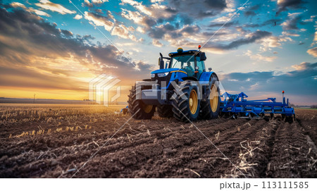 Preparing the land for sowing, banner concept with a tractor plowing the land, Earth Hour and caring for the future harvest, idea about the importance of farmers' work and Labor Day poster 113111585