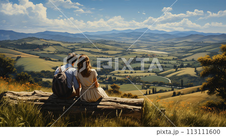 Lovers admiring a beautiful valley while sitting on a log, picnic after climbing a hill, weekend travel along popular routes, concept for advertising 113111600