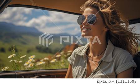 Portrait of a happy smiling young woman in sunglasses traveling by car in Italy on honeymoon, invitation to adventure Portrait of a happy smiling young woman in sunglasses traveling by car in Italy on honeymoon, invitation to adventure 113111608