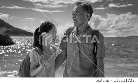 Black and white portrait of a loving father and teenage daughter while walking by the sea on a sunny day, happy Chinese family, father's day poster concept 113111728