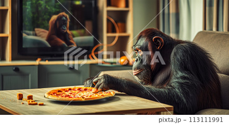 Chimpanzee dining on pizza at the table in the living room while watching TV, pizza delivery poster 113111991