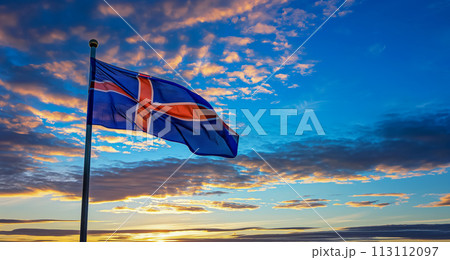 Iceland flag against the background of a blue northern sky with beautiful clouds at sunset, NATO summit in Europe, participant flags 113112097