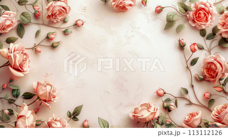 Beautiful roses on a delicate pink background in vintage art deco style with copy space for text, concept for a wedding or anniversary invitation Beautiful roses on a delicate pink background in vintage art deco style with copy space for text, concept for a wedding or anniversary invitation 113112126