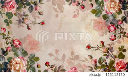 Drawing with roses in vintage art deco style with copy space for text, concept for wedding or anniversary invitation 113112130