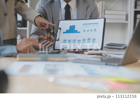 Finance manager meeting discussing company growth project success financial statistics, professional investor working start up project for strategy plan with document, laptop and digital tablet. 113112158