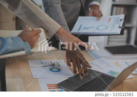 Finance manager meeting discussing company growth project success financial statistics, professional investor working start up project for strategy plan with document, laptop and digital tablet. 113112161