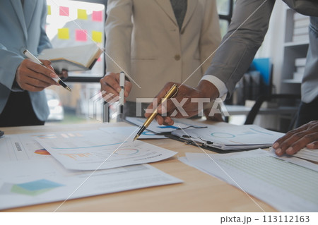 Finance manager meeting discussing company growth project success financial statistics, professional investor working start up project for strategy plan with document, laptop and digital tablet. 113112163
