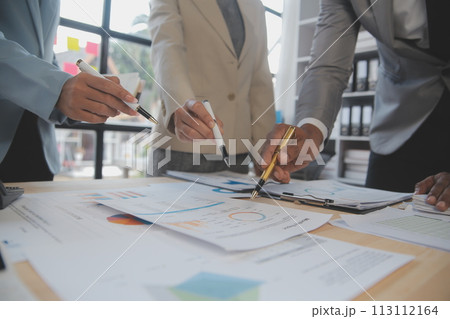 Finance manager meeting discussing company growth project success financial statistics, professional investor working start up project for strategy plan with document, laptop and digital tablet. 113112164