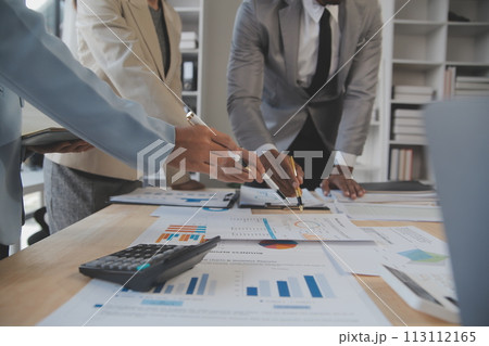 Finance manager meeting discussing company growth project success financial statistics, professional investor working start up project for strategy plan with document, laptop and digital tablet. 113112165