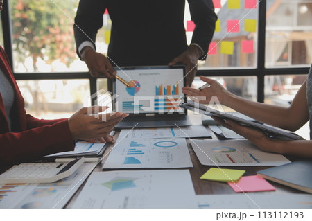 Finance manager meeting discussing company growth project success financial statistics, professional investor working start up project for strategy plan with document, laptop and digital tablet. 113112193