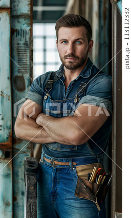 A specialist electrician stands with his arms crossed and leaning against the wall, looking into the camera, the concept of a vertical portrait for Labor Day, the traditions and hard work of builders A specialist electrician stands with his arms crossed and leaning against the wall, looking into the camera, the concept of a vertical portrait for Labor Day, the traditions and hard work of builders 113112332