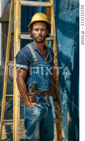Poster of an electrician specialist against the background of a construction ladder near the house, the concept of a vertical portrait for Labor Day 113112338