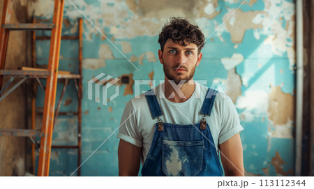 Portrait of a builder against the background of the wall of an old house, preparation for dismantling, concept for Labor Day, traditions and hard work of builders 113112344