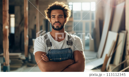 Portrait of a young graphic artist in his studio, a young African American man stands with his arms crossed and looking seriously at the camera 113112345