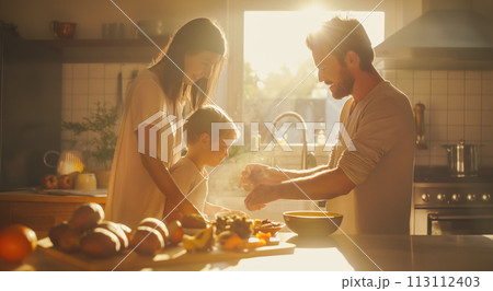 Family preparing breakfast together, mom, dad and son in the kitchen on a sunny day, backlit bright sunlight, international family day concept Family preparing breakfast together, mom, dad and son in the kitchen on a sunny day, backlit bright sunlight, international family day concept 113112403