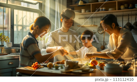 Portrait of a family while cooking a vegetarian breakfast together in a happy family, portrait of a family in the kitchen on a bright sunny day, family day poster Portrait of a family while cooking a vegetarian breakfast together in a happy family, portrait of a family in the kitchen on a bright sunny day, family day poster 113112410