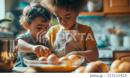 Two brothers in the kitchen preparing an egg breakfast for their parents, portrait of two little boys in the kitchen in their home on a sunny weekend day, space for family day concept 113112423