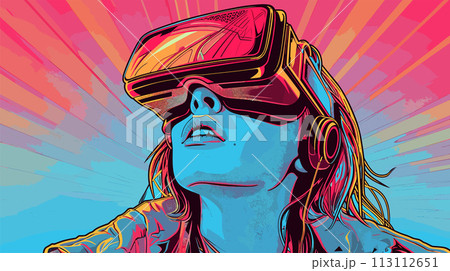 Vector illustration of a girl in virtual reality glasses. Vector illustration. 113112651