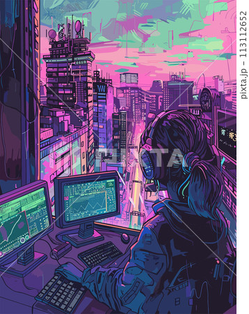 Vector illustration of a girl playing on the stock exchange against the background of the city. 113112652