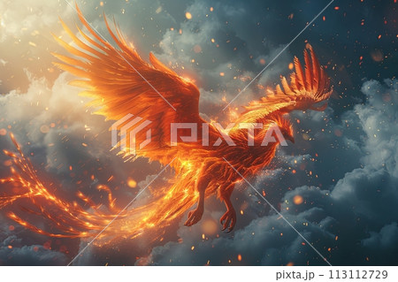 A majestic phoenix soaring through the skies, its fiery plumage leaving trails of shimmering embers as it dances among the clouds, embodying the eternal cycle of rebirth and transformation A majestic phoenix soaring through the skies, its fiery plumage leaving trails of shimmering embers as it dances among the clouds, embodying the eternal cycle of rebirth and transformation 113112729
