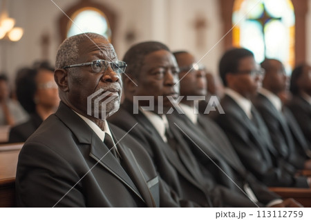 Men and women in mourning back suits sitting in the row on the bench in church at a funeral Men and women in mourning back suits sitting in the row on the bench in church at a funeral 113112759