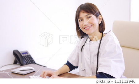 Female doctor using computer and smiling at camera 113112946