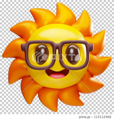 3D cute cartoon shining sun character mascot with glasses illustration. Summer hot weather vacation theme 3D cute cartoon shining sun character mascot with glasses illustration. Summer hot weather vacation theme 113112988