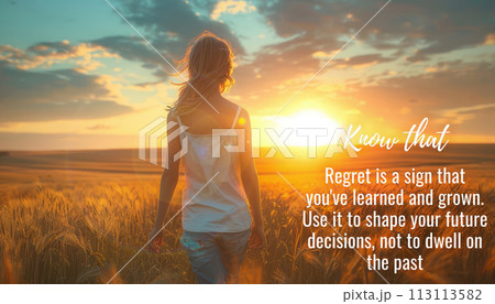 Inspirational quote regret with beautiful field with grass background with sunset Inspirational quote regret with beautiful field with grass background with sunset 113113582