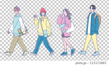 笑顔で歩く若い男女4人 113113865