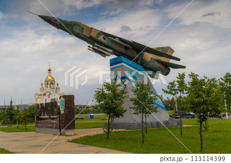 Russia. Moscow oblast. July 13, 2023. Stella with a MIG-23 aircraft at the entrance to the city of Stupino. 113114399