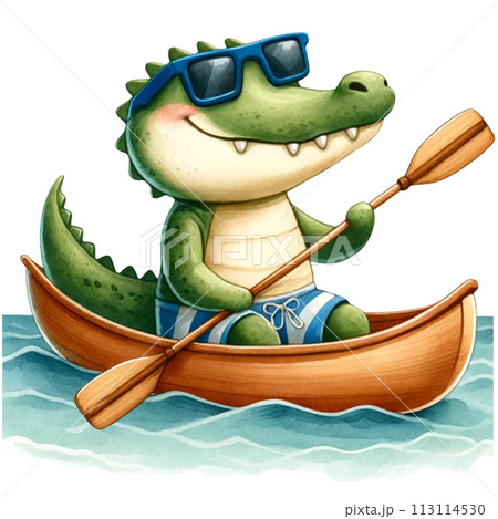 Cute crocodile paddling a canoe in the sea watercolor clipart .AI Generate Cute crocodile paddling a canoe in the sea watercolor clipart .AI Generate 113114530