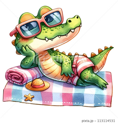 Cute crocodile sunbathing at the beach watercolor clipart .AI Generate Cute crocodile sunbathing at the beach watercolor clipart .AI Generate 113114531