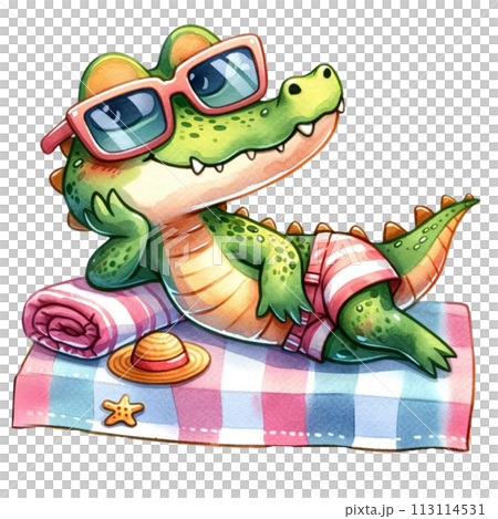 Cute crocodile sunbathing at the beach watercolor clipart .AI Generate Cute crocodile sunbathing at the beach watercolor clipart .AI Generate 113114531