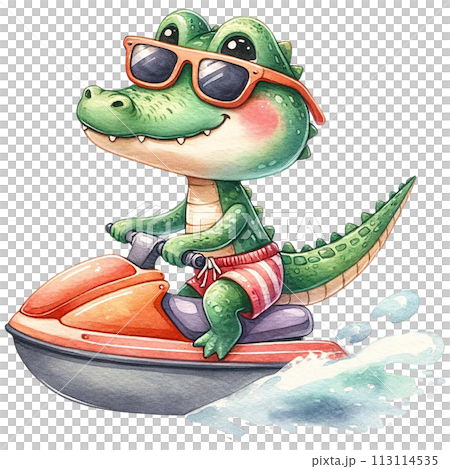 Cute crocodile wearing sunglasses and shorts, riding a jet ski watercolor clipart .AI Generate Cute crocodile wearing sunglasses and shorts, riding a jet ski watercolor clipart .AI Generate 113114535