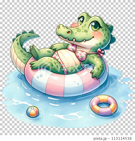Cute crocodile wearing a bikini and floating in a swimming pool with a swim ring watercolor clipart .AI Generate 113114538
