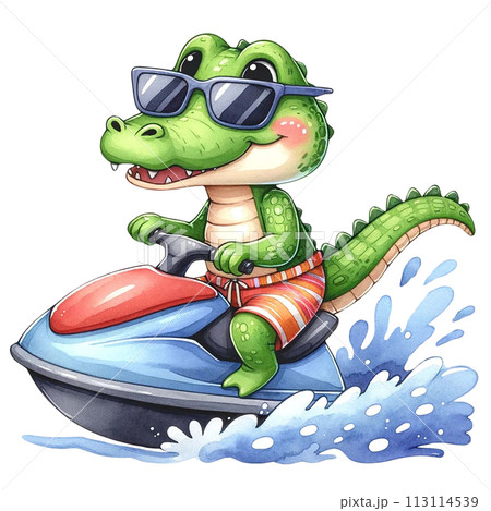 Cute crocodile wearing sunglasses and shorts, riding a jet ski watercolor clipart .AI Generate 113114539