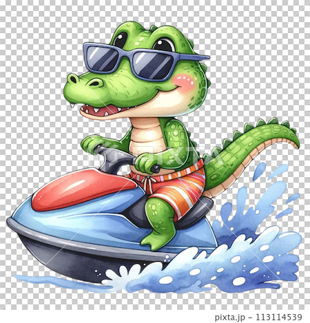 Cute crocodile wearing sunglasses and shorts, riding a jet ski watercolor clipart .AI Generate Cute crocodile wearing sunglasses and shorts, riding a jet ski watercolor clipart .AI Generate 113114539
