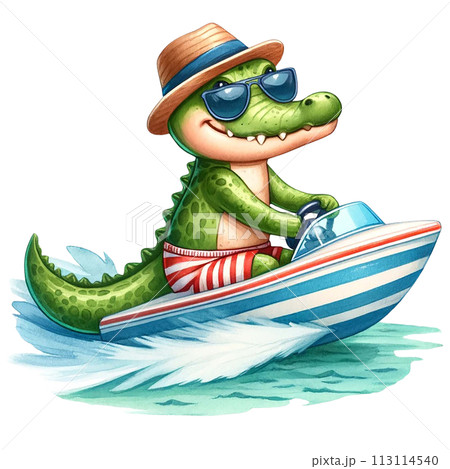 Cute crocodile driving a speedboat in the sea watercolor clipart .AI Generate 113114540