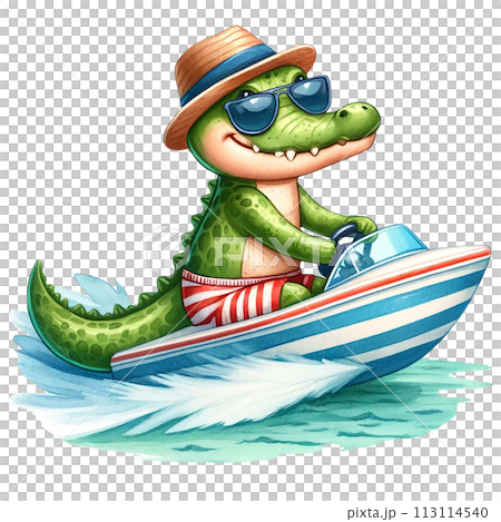 Cute crocodile driving a speedboat in the sea watercolor clipart .AI Generate 113114540