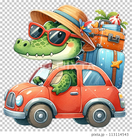 Cute crocodile driving a car packed with luggage for a summer holiday adventure watercolor clipart .AI Generate 113114543