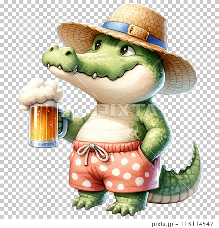 Cute crocodile sipping beer by the beach watercolor clipart .AI Generate Cute crocodile sipping beer by the beach watercolor clipart .AI Generate 113114547