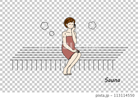サウナ室でサウナを楽しんでいるサウナ好きの可愛い女性 ととのう サウナ女子 シンプル イラスト  113114550