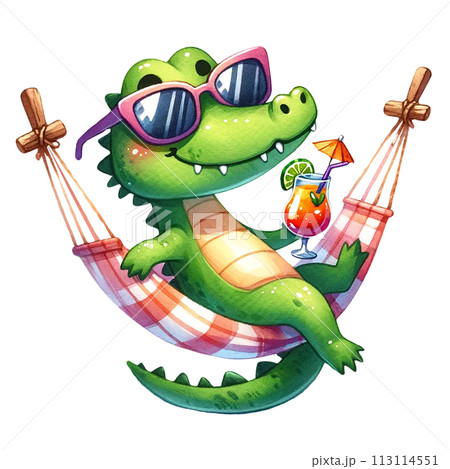 Cute crocodile wearing sunglasses, sipping a cocktail, sitting on a hammock watercolor clipart .AI Generate 113114551