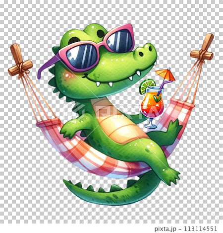 Cute crocodile wearing sunglasses, sipping a cocktail, sitting on a hammock watercolor clipart .AI Generate 113114551