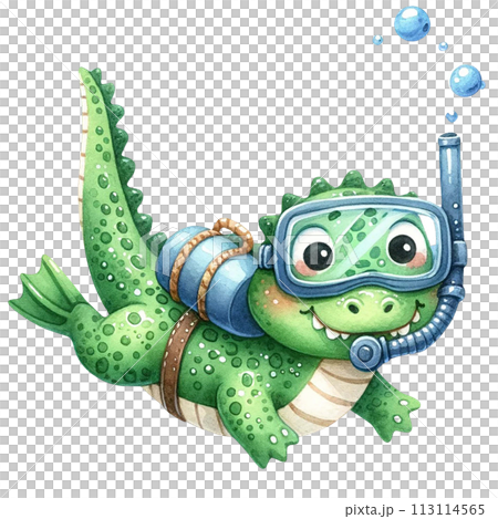 Cute crocodile scuba diving under the sea watercolor clipart .AI Generate 113114565