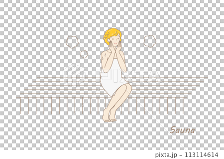 サウナ室でサウナを楽しんでいるサウナ好きの可愛い女性 整う サウナ女子 シンプル イラスト ベクター 113114614