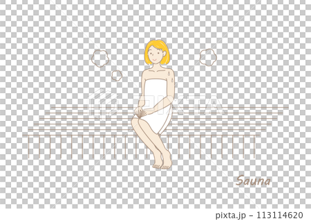 一個可愛的熱愛桑拿的女人在桑拿房裡享受桑拿準備桑拿女孩簡單插圖向量 113114620
