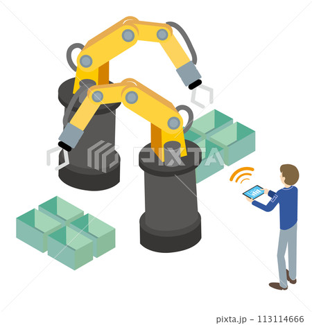 産業用ロボットをタブレット端末で操作する作業者のイラスト 113114666