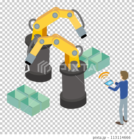 産業用ロボットをタブレット端末で操作する作業者のイラスト 113114666